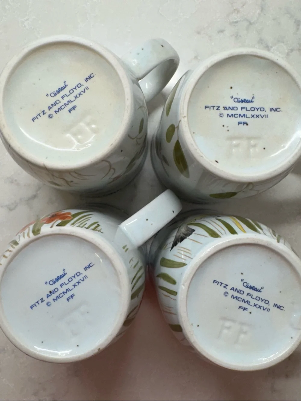 Fitz and Floyd Hand-Painted Bird Mugs in Blue, Yellow & Green